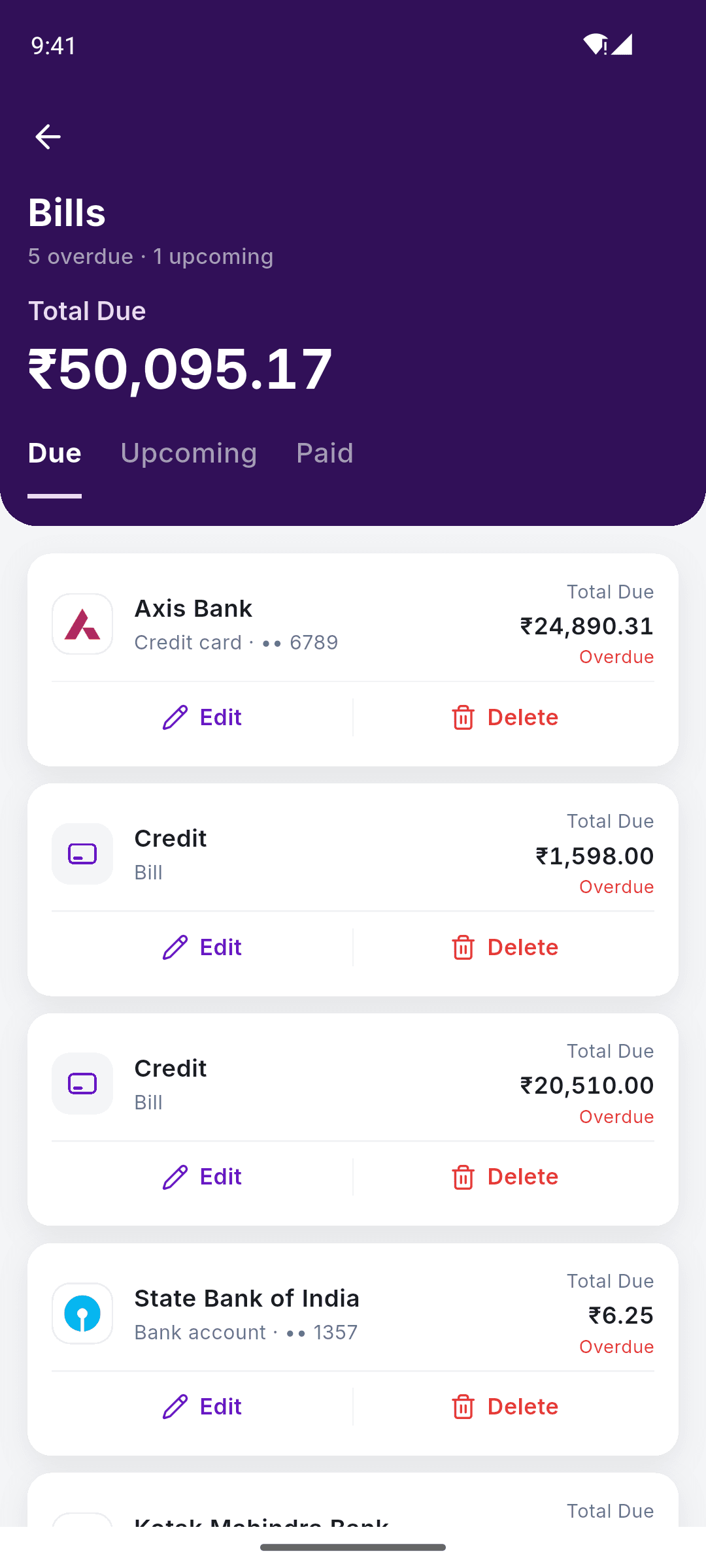 SkyloFin bills, with due dates and amounts for each one