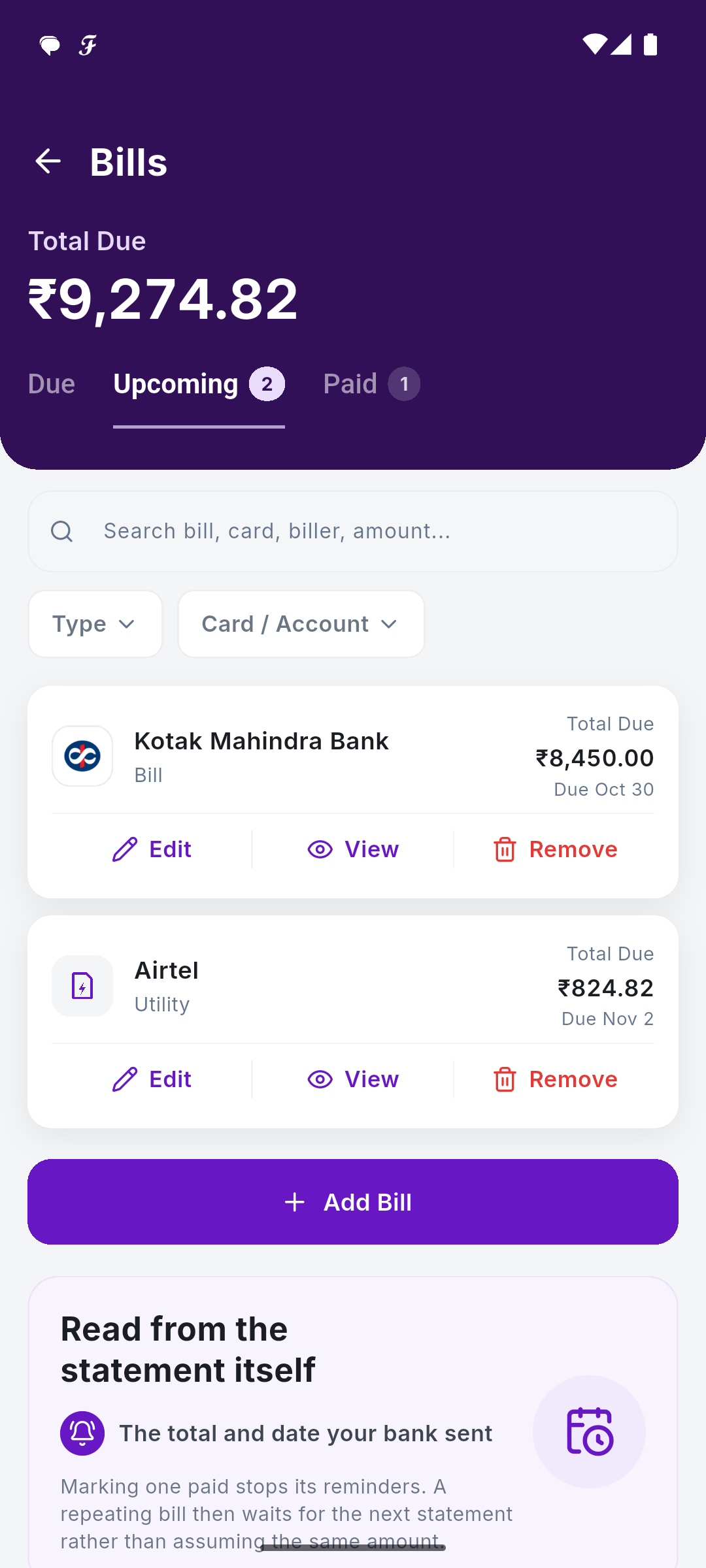 SkyloFin bills, with due dates and amounts for each one