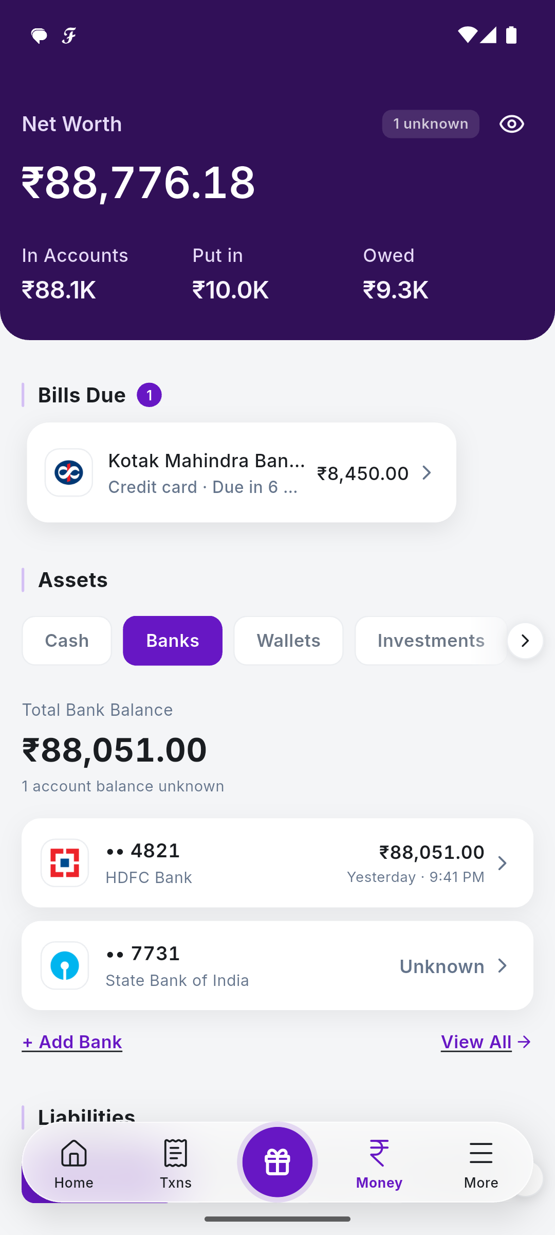 SkyloFin net worth, with bank balances and credit card liabilities