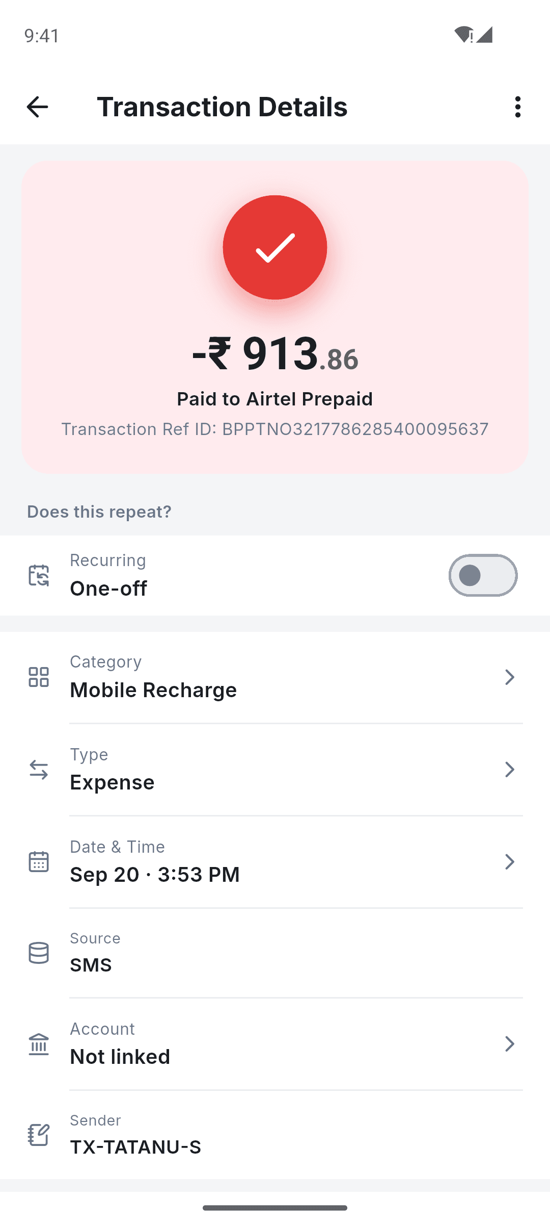 A SkyloFin transaction in detail, showing the category, account and the message it came from