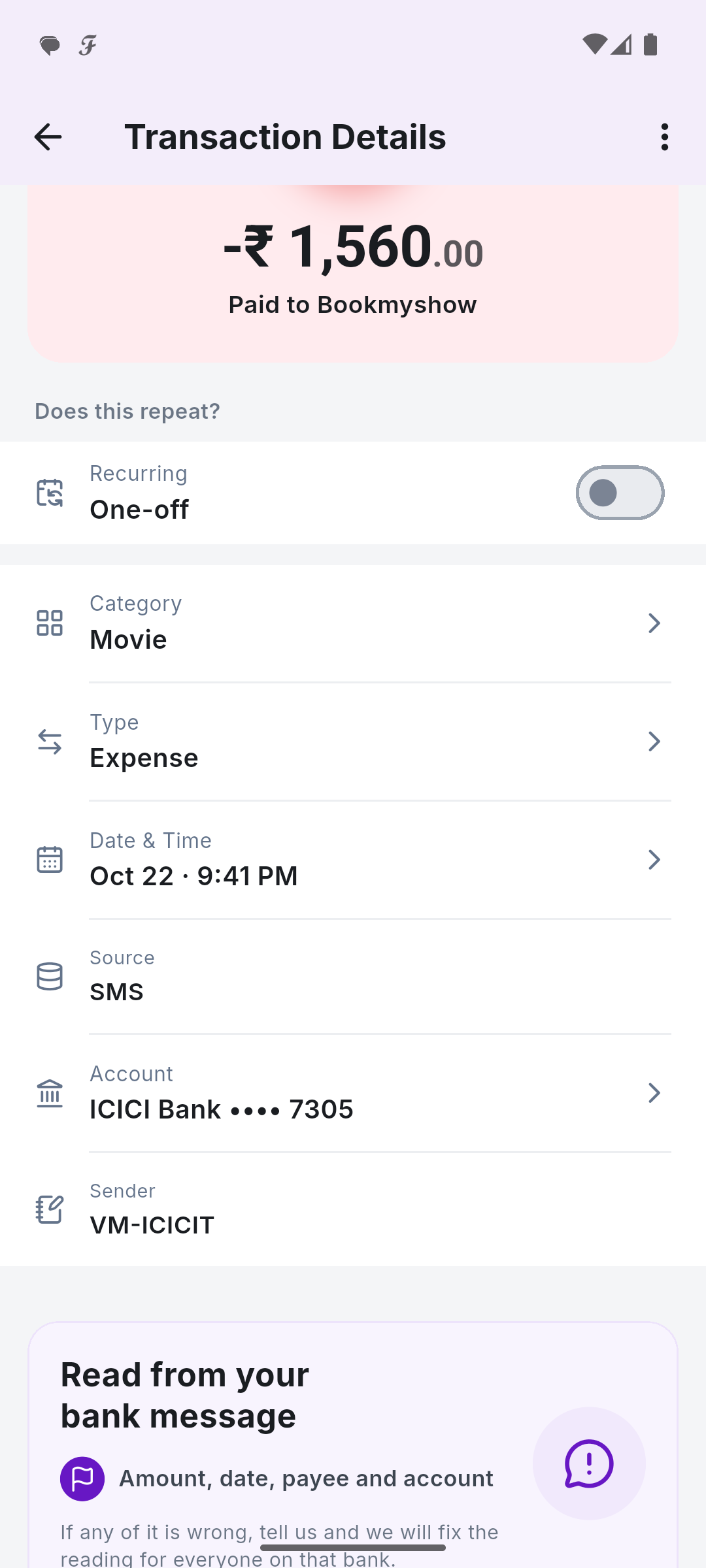 A SkyloFin transaction in detail, showing the category, account and the message it came from