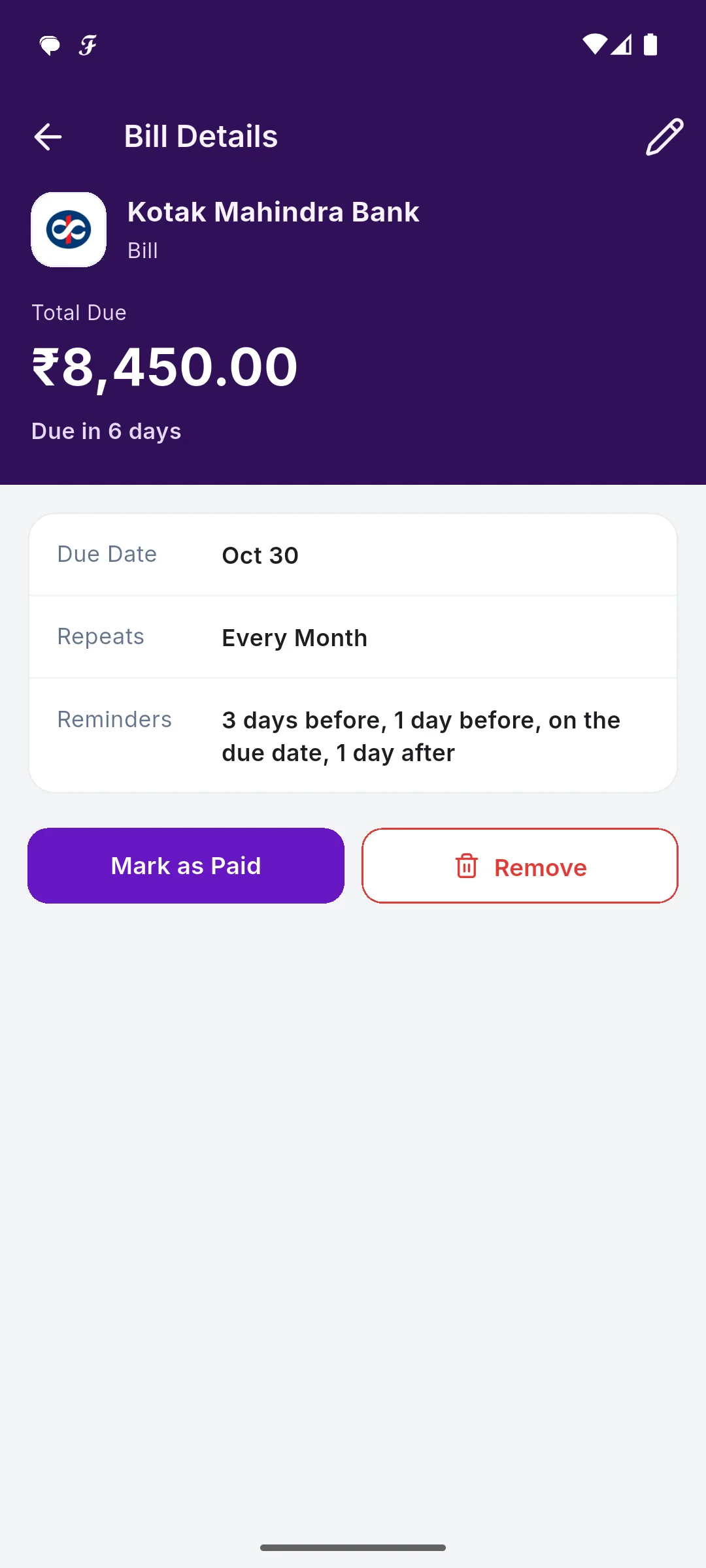 A credit card's total due and bill reminders
