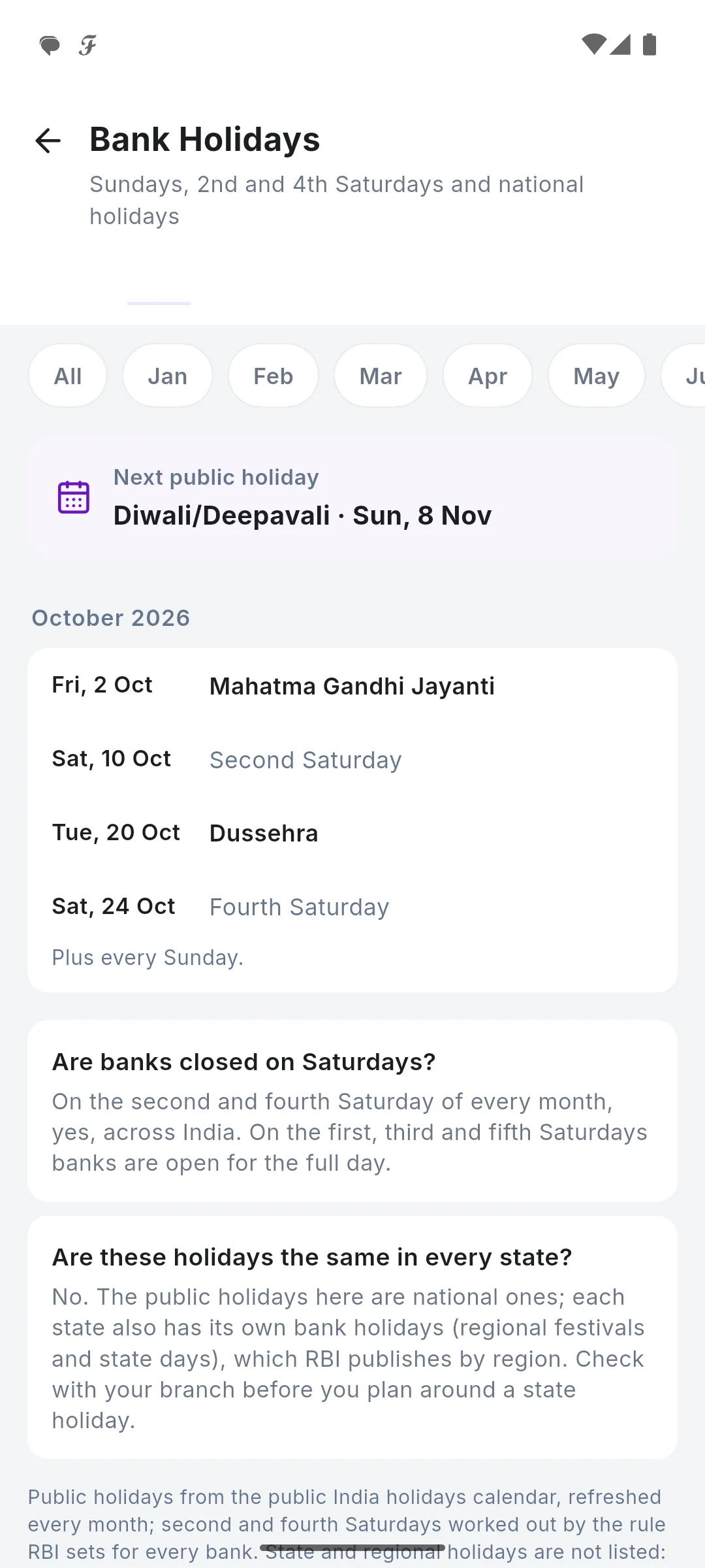 Bank holidays for the month
