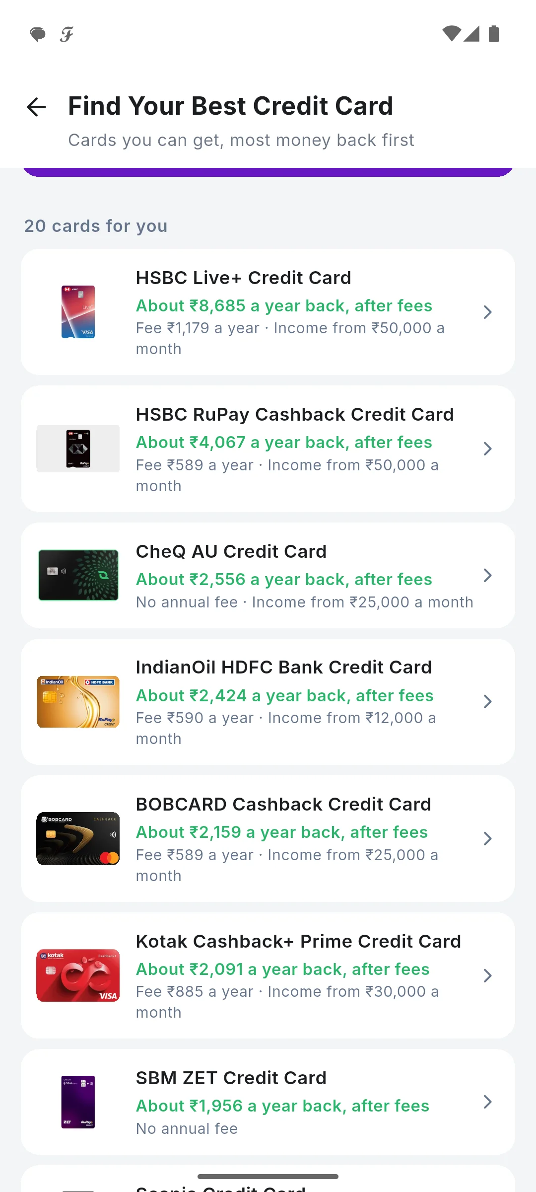 Cards with the most money back first