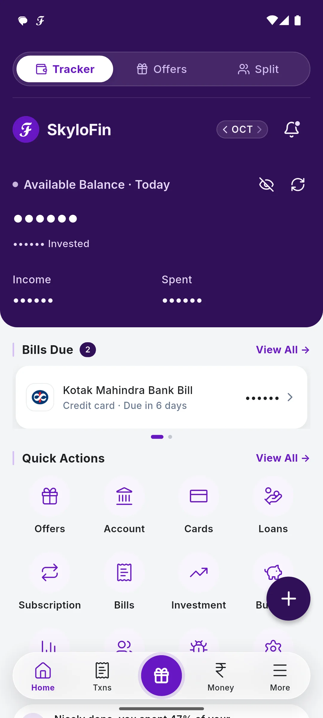 Amounts hidden on the Dashboard