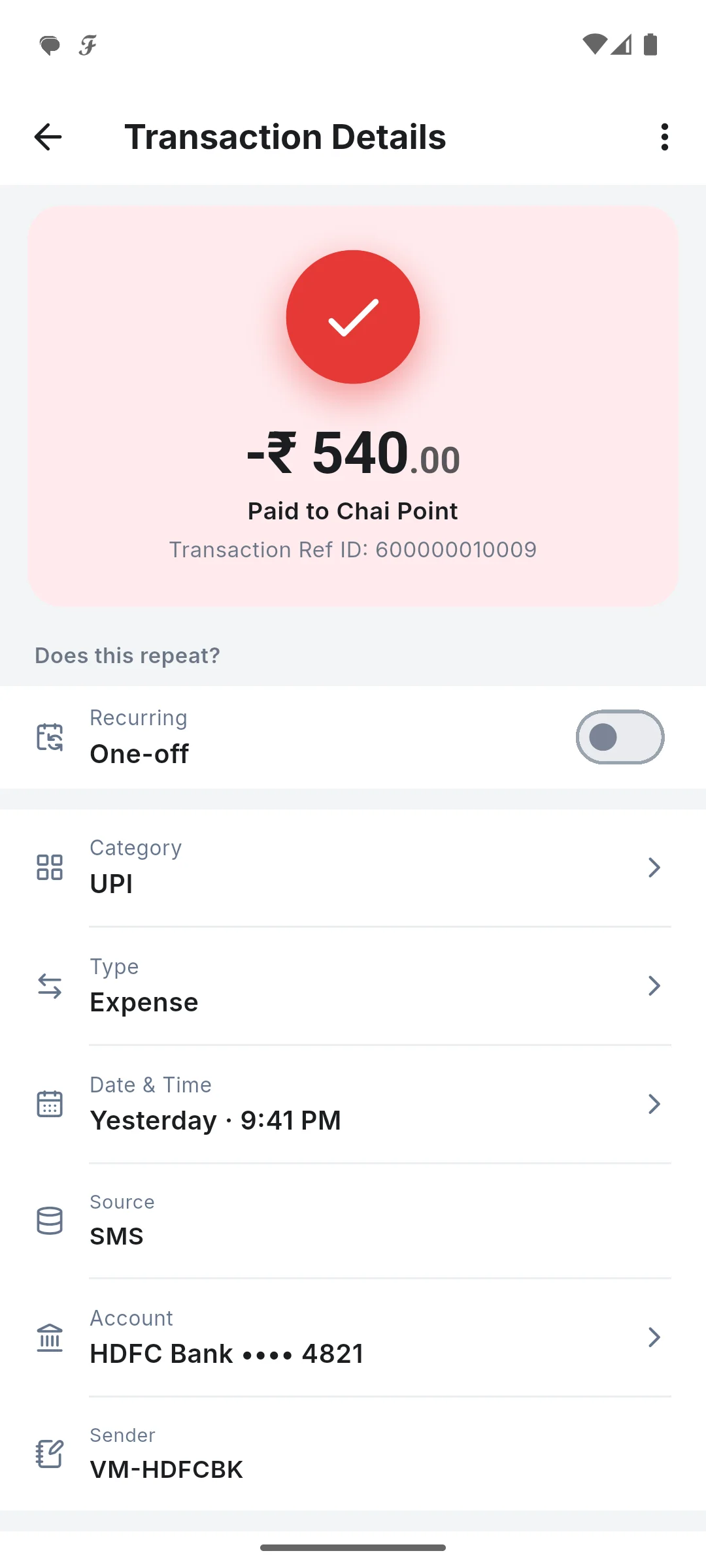 Transaction details from a bank message