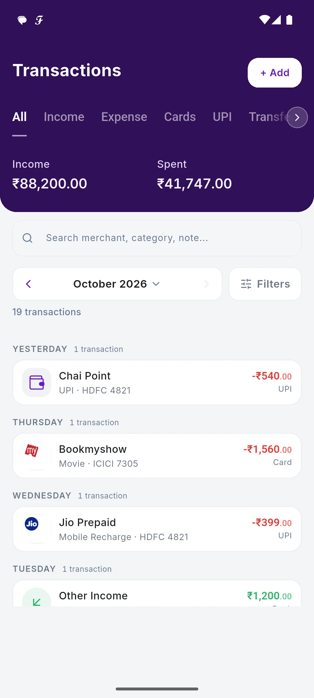 Transactions with filters for income, expense, cards and UPI