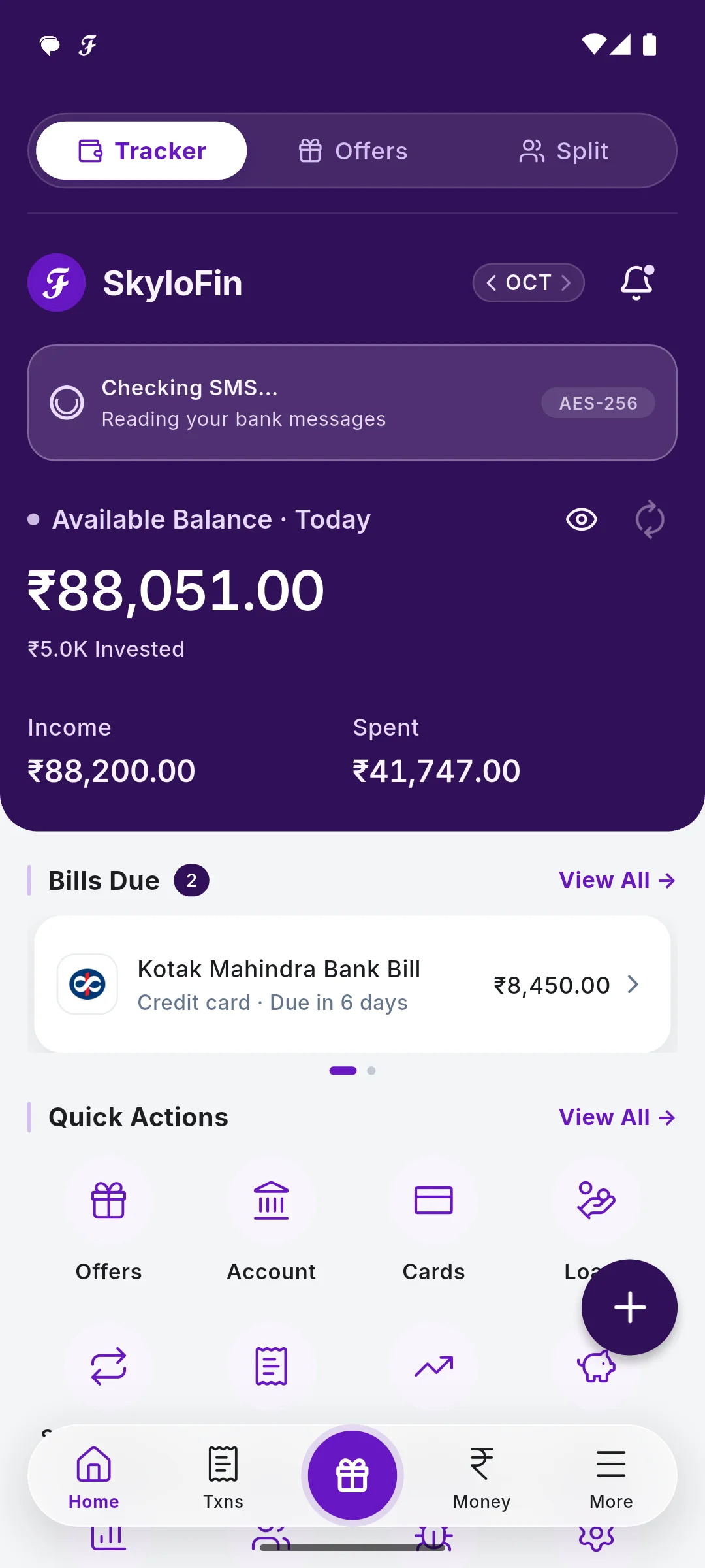 Dashboard after the first sync with balance, income and spent