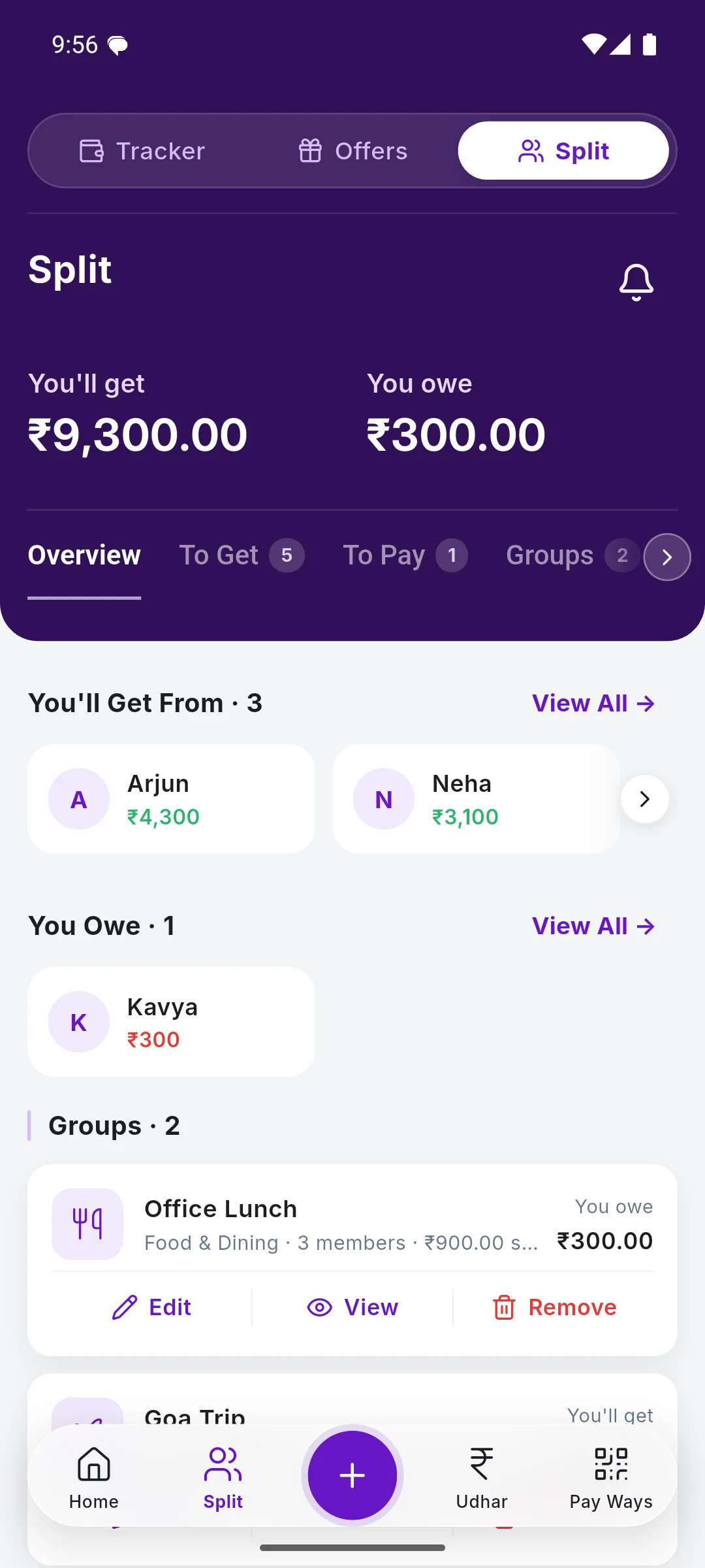 Split page with You'll get and You owe totals