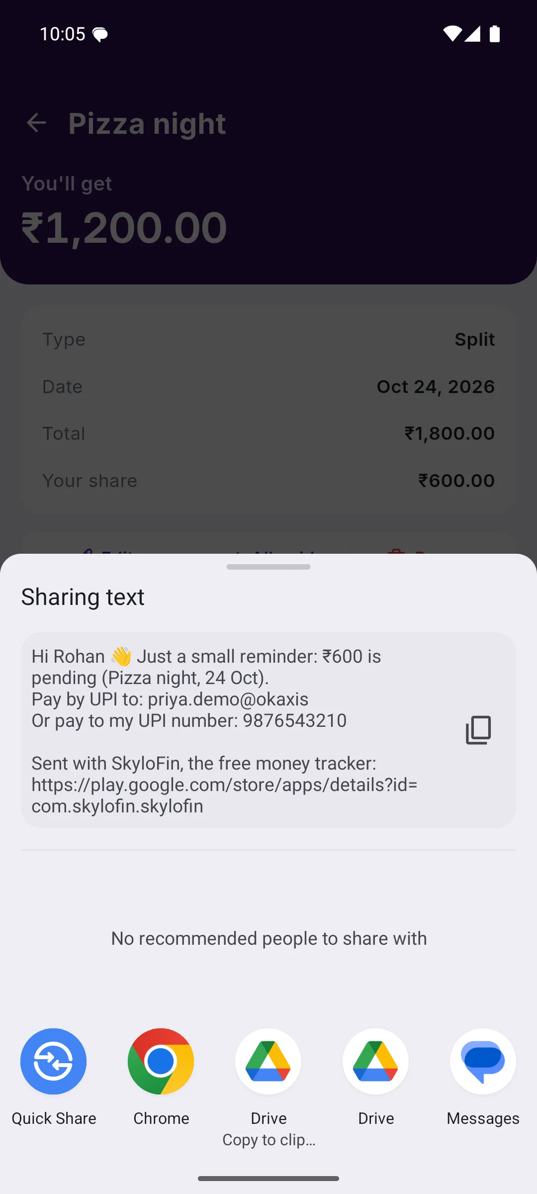 The reminder message with the friend's share and your UPI ID