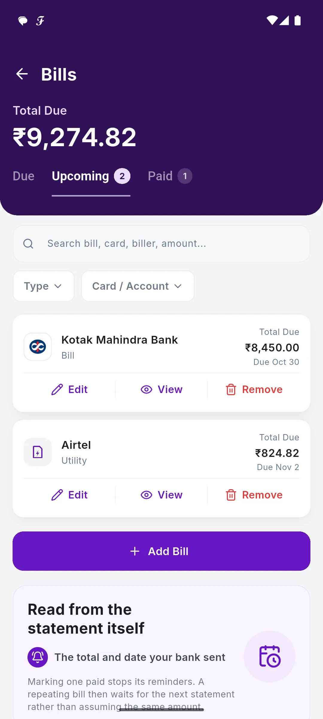 Upcoming payments in Bills