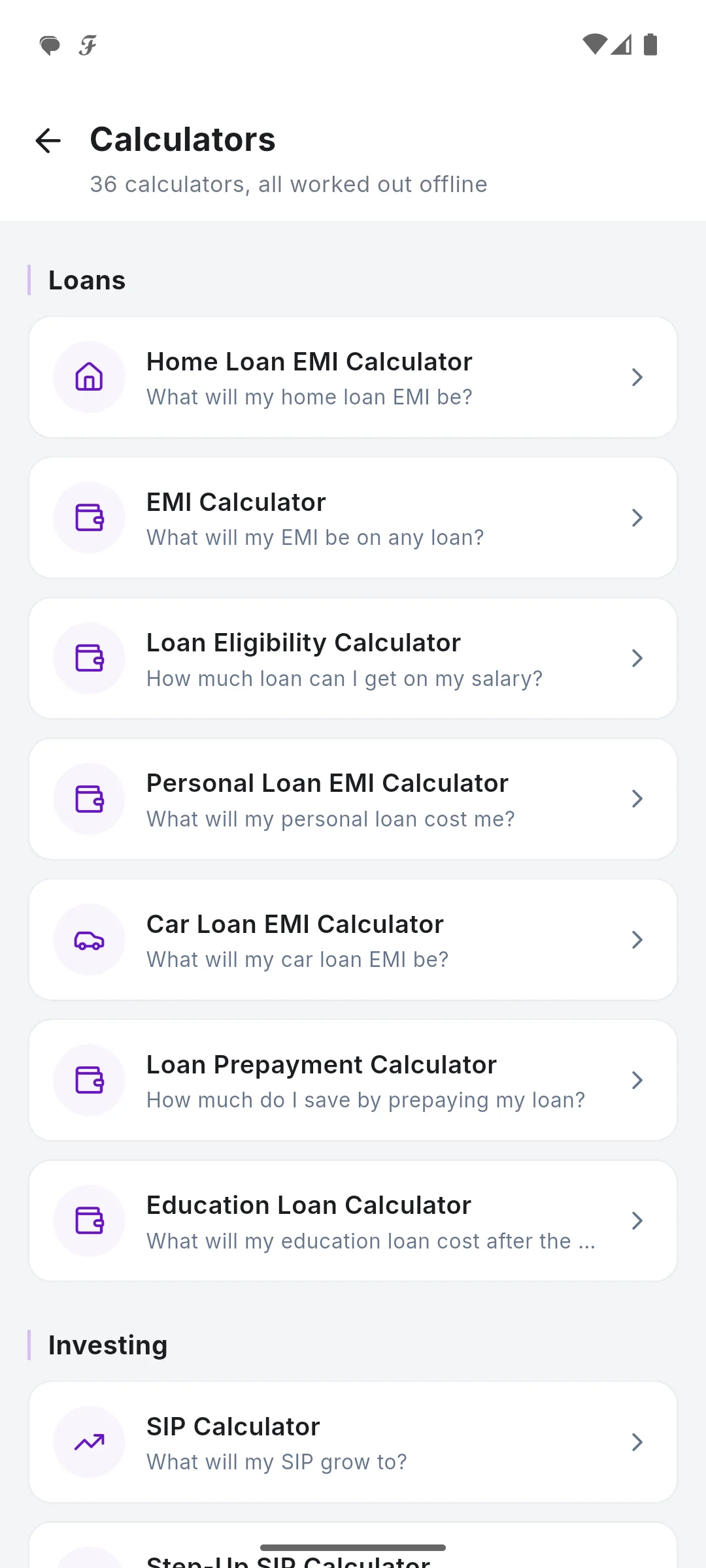 Calculators grouped by Loans, Investing, Credit Cards and Tax