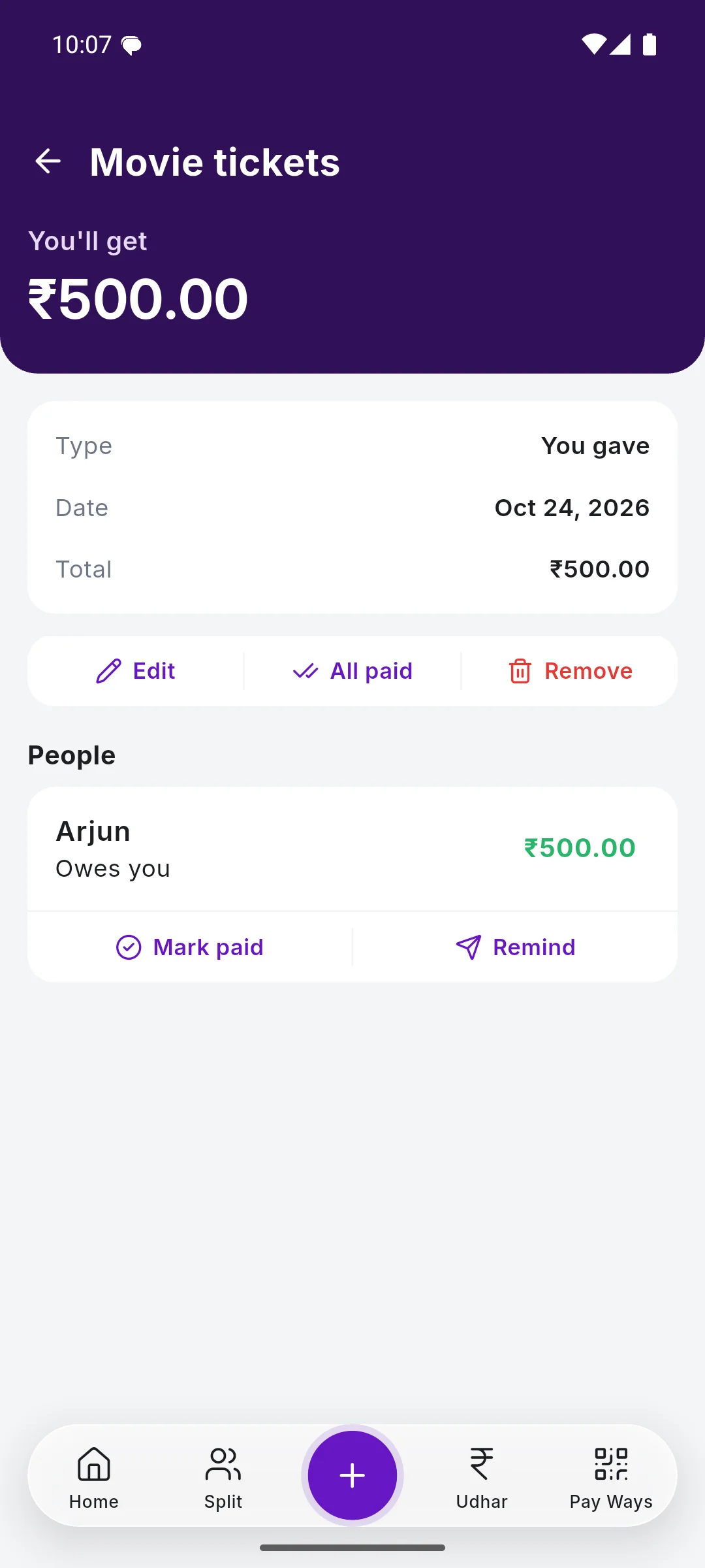 An udhar entry with Mark paid and Remind